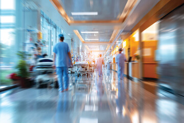 Blurred background of a hospital interior with medical equipment and busy hospital staff in motion