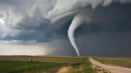 Powerful Tornado Funnel Clouds: Dramatic Columns of Rotating Air Connecting Storm Clouds to the Ground, Capturing Nature&rsquo;s Violent Force in Storm Chasing Photography, Meteorological Research, and Disa