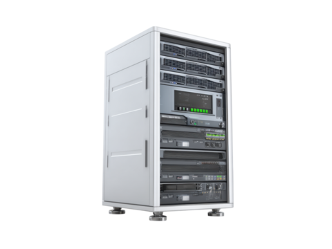 White server rack with multiple electronic components technology equipment, Isolated, Png Transparent Background