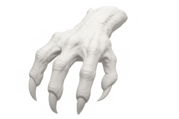 Pale monster hand with razor-sharp claws emerging against transparent backdrop, rendering digital horror fantasy graphic design element