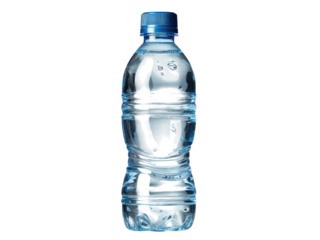 Clear plastic bottle filled with refreshing liquid and blue cap water, Isolated, Png Transparent Background