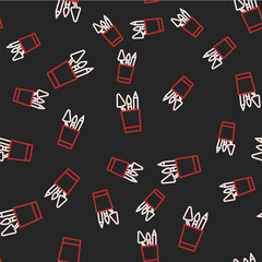 Line Pencil case stationery icon isolated seamless pattern on black background. Pencil, pen, ruler in a glass for office. Vector
