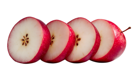 Four circular slices of a red apple, showing the white flesh and small brown seeds, arranged in a slightly overlapping row with the stem still attached to the end slice, set against a soft.