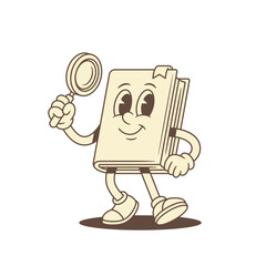 Comic childish book cartoon character with magnifying glass vector illustration. Cute adorable textbook literature mascot searching information education learning cognition