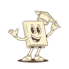 Cheerful comic childish book cartoon character with graduation hat vector illustration. Cute funny textbook literature library mascot student learning studying education