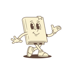 Cute funny childish book cartoon character walking minimalist vector illustration. Adorable comic textbook literature library old fashioned mascot knowledge education reading studying
