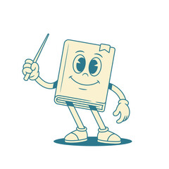 Comic childish book cartoon character with teacher pointer vector illustration. Cute adorable minimalist textbook literature library mascot studying learn education school college university