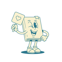 Cute comic childish book cartoon character with heart signboard vector illustration. Adorable funky minimalist textbook literature library mascot showing like love Saint Valentine's Day sign