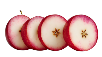 Four circular slices of a red apple, showing the white flesh and small brown seeds, arranged in a slightly overlapping row with the stem still attached to the end slice, set against a soft.