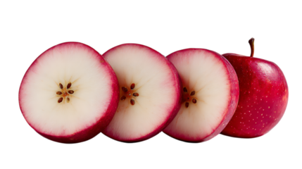 Four circular slices of a red apple, showing the white flesh and small brown seeds, arranged in a slightly overlapping row with the stem still attached to the end slice, set against a soft.
