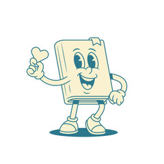 Cute funny childish book cartoon character with heart vector illustration. Smiling funky minimalist textbook literature library reading mascot with like love amor enamored sign