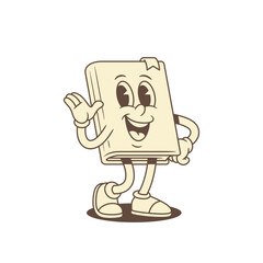 Cute childish book cartoon character waving hand hello vector illustration. Comic happy minimalist literature library reading education mascot greeting hi positive emotion