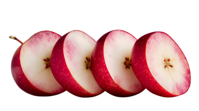 Four circular slices of a red apple, showing the white flesh and small brown seeds, arranged in a slightly overlapping row with the stem still attached to the end slice, set against a soft.