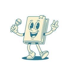 Smiling childish book cartoon character with microphone vector illustration. Happy minimalist textbook literature library reading education mascot sing song with mic