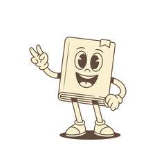 Smiling childish book cartoon character with peace gesture vector illustration. Cute funny positive minimalist literature library reading education mascot with two fingers gesturing