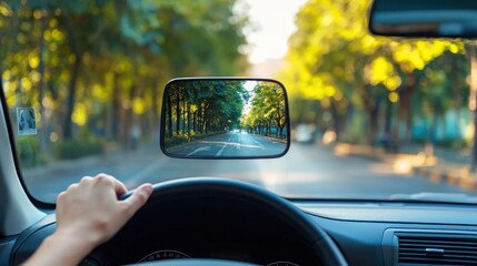 A driver reaching to adjust the rearview mirror before starting a journey symbolizing safety and awareness
