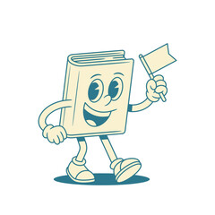 Happy childish book cartoon character with flag vector illustration. Smiling comic minimalist textbook literature library reading education mascot with sign and positive emotion