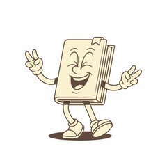 Laughing cute childish book cartoon character peace gesture vector illustration. Smiling happy minimalist textbook literature library reading education mascot having fun emoticon