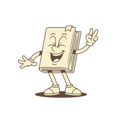 Cute childish book cartoon character laughing with peace gesture vector illustration. Funky comic minimalist textbook literature library reading education mascot gesturing positive emotion