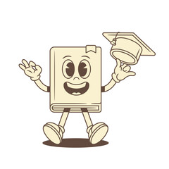 Overjoyed childish book cartoon character with graduation hat vector illustration. Cute comic happy minimalist literature library reading school education cap funky emoticon