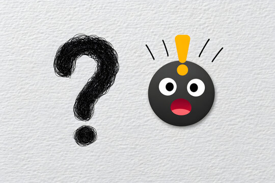 Unveiling the Riddle: An eye-catching juxtaposition featuring a classic question mark, alongside a surprised circular illustration bearing an exclamation point, set against a simple backdrop. 