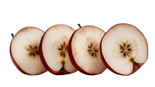 Four circular slices of a red apple, showing the white flesh and small brown seeds, arranged in a slightly overlapping row with the stem still attached to the end slice, set against a soft.