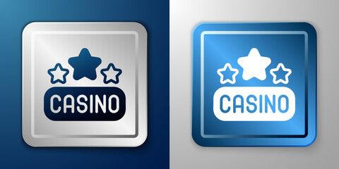 White Casino signboard icon isolated on blue and grey background. Silver and blue square button. Vector