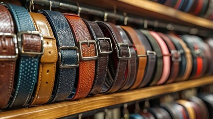 A retail display featuring belts in various colors and styles in a boutique