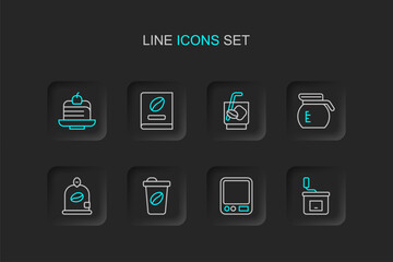 Set line Manual coffee grinder, Electronic scales, Coffee cup to go, Bag beans, pot, Espresso tonic, book and Piece cake icon. Vector
