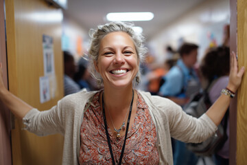 back to school inspiration, teacher welcoming students at classroom door, open arms, friendly expression, 