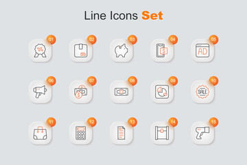 Set line Scanner scanning bar code, Paper shopping bag, Financial check, Calculator, Price tag with Sale, Pie chart infographic and Stacks paper money cash icon. Vector