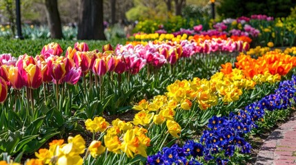 A vibrant flowerbed bursts with colorful tulips daffodils and pansies arranged in neat rows in a public park