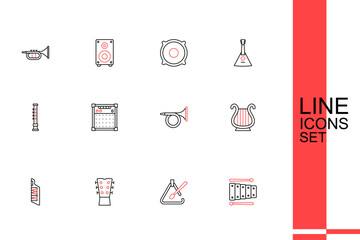 Set line Xylophone, Triangle musical instrument, Guitar neck, Keytar, Ancient Greek lyre, Trumpet, amplifier and Flute icon. Vector