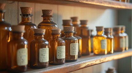 A vintage apothecary shelf filled with glass bottles of iodine and iodide compounds bathed in warm sunlight
