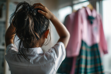 Fototapeta premium Back to school, close-up of girl brushing her hair while school uniform hangs in the background, soft morning light,