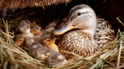 Mother duck and ducklings in nest