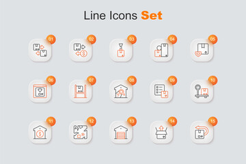 Set line Return cardboard box, Unboxing, Warehouse, Broken, price, Scale with, Verification of delivery list and check icon. Vector