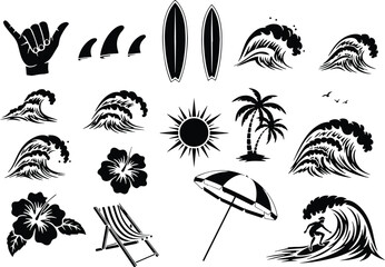 Fototapeta premium Collection of surfing and beach icons surfing, beach, wave, ocean, sea, water, surf, palm, fins, icon, vector, background, illustration, description:, vacation, nature, waves, chair, recreat