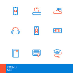 Set line Graduation cap with mouse, Certificate template, Book, Online education, Headphones, diploma, Cloud or online library and apple icon. Vector