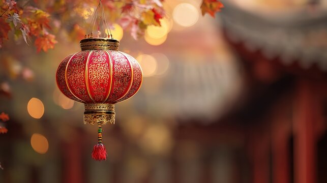 Red lantern with gold patterns glowing in a traditional courtyard, celebrating China National Day.