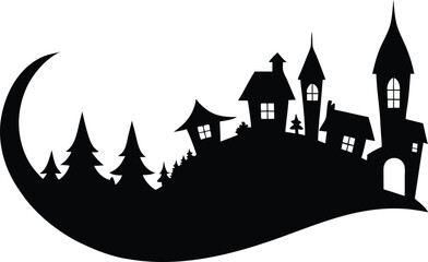 Spooky halloween castle and crescent moon silhouette isolated on white background