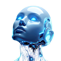 A futuristic robot head with glowing blue eyes and visible circuitry against a black background