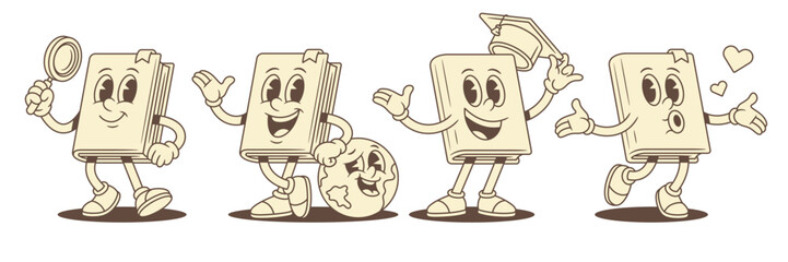 Smiling childish book cartoon character positive mascot set vector illustration. Cute cheerful textbook literature with magnifying glass globe heart love blow graduation cap school education