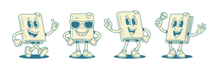 Funky cute childish book cartoon character smiling set vector illustration. Comic adorable minimalist textbook literature library mascot innovation idea summer sunglasses peace sing mic