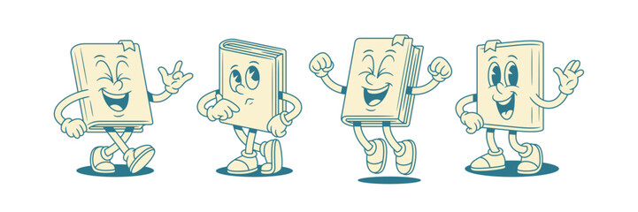 Cute positive childish book cartoon character smiley set vector illustration. Comic funny minimalist textbook literature library mascot rock gesture overjoyed win doubt pensive greeting
