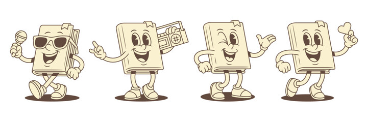 Cool funky childish book cartoon character mascot set vector illustration. Adorable positive minimalist literature library textbook sing microphone retro music player winked heart love