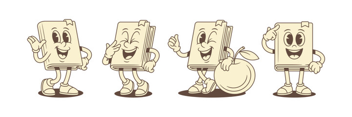 Cheerful cute childish book cartoon character emoji set vector illustration. Comic funky minimalist textbook library literature mascot smiling greeting laughing apple smart innovation idea