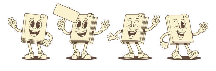 Funky comic childish book cartoon character smiley set vector illustration. Funny cute minimalist textbook library mascot laughing peace gesture empty signboard winked positive emoji