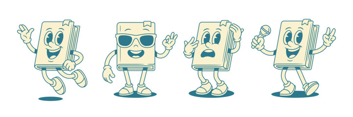 Cheerful childish book cartoon character emoticon set vector illustration. Cute comic minimalist textbook literature library mascot flying greeting summer sunglasses shocked microphone sing