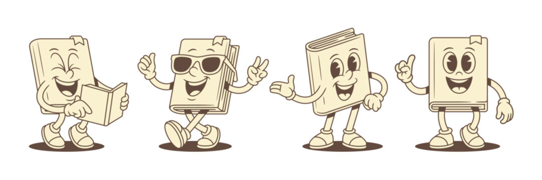 Cheerful funny childish book cartoon character smiley set vector illustration. Comic cute minimalist textbook literature library mascot welcome reading summer sunglasses innovation idea